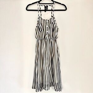 Fun & Flirt Y2K Sheer Striped Halter Midi Dress Black White